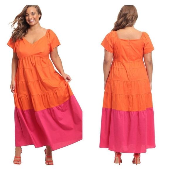 Donna Morgan‎ Colorblock Tiered Trapeze Midi Dress Pink Orange Size 2P Maxi - Picture 1 of 12